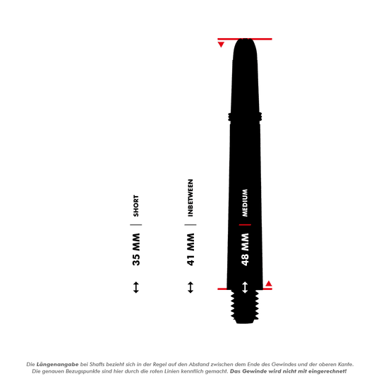 Das Bild zeigt drei verschiedene Längen von Koi Carbon Schäften: 35 mm (kurz), 41 mm (mittel) und 48 mm (lang). Die roten Linien markieren die Messpunkte, wobei das Gewinde nicht mitgerechnet wird.