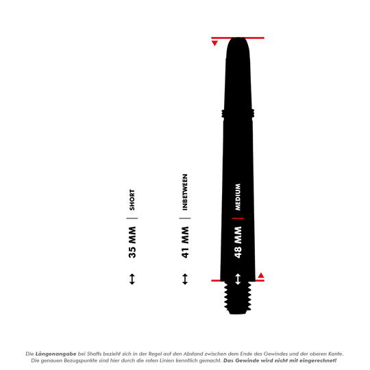 Shot Koi Carbon Shafts - Grün Das Bild zeigt drei verschiedene Längen von Koi Carbon Schäften: 35 mm (kurz), 41 mm (mittel) und 48 mm (lang). Die roten Linien markieren die Messpunkte, wobei das Gewinde nicht mitgerechnet wird.