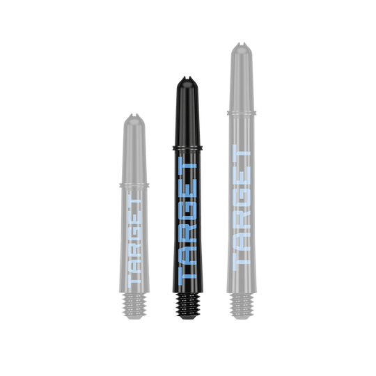Aste Target Pro Grip TAG - 3 set - Nero Blu Das Bild zeigt drei schwarze Dartschäfte in unterschiedlicher Länge mit blauer Aufschrift "TARGET". Sie sind in einer Reihe nebeneinander angeordnet.