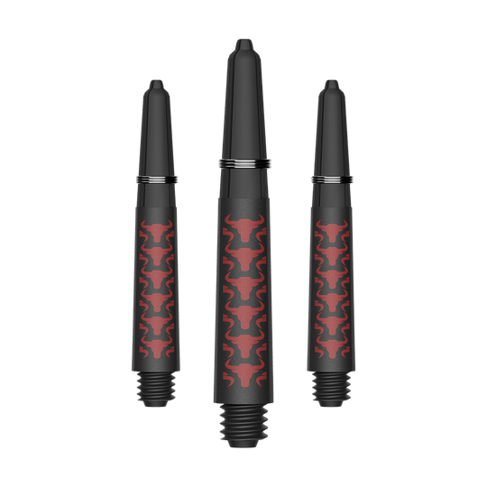 Bulls NL Capo Carbon Shafts - Red Das Bild zeigt ein Set aus roten Capo Carbon Shafts mit einer kurzen Länge von 34mm. Es handelt sich um Zubehör für Dartpfeile.