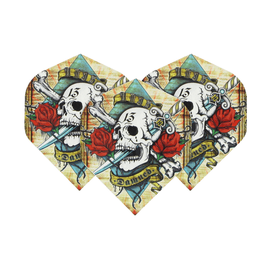 ALC4_Alchemy_Damned_Standard_Flights_1wKRhWTzAGpLOA Das Bild zeigt drei Dart-Flights mit einem Totenkopf, einer roten Rose und einem Dolch als Motiv. Auf jedem Flight steht das Wort „Damned“ auf einem Banner.