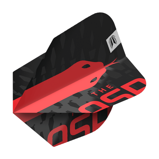 Letenky Target Pro Ultra Nathan Aspinall No6 – 3 sady Das Bild zeigt ein Dartflight aus der Serie "Target Pro Ultra Nathan Aspinall No6 Flights". Das Flight ist überwiegend schwarz mit einem roten Schlangendesign und roten Schriftzügen.