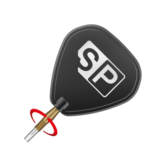 Target Swiss Storm Diamond Point Dartspitzen - Gold Das Bild zeigt eine schwarze Dartflügel mit der Aufschrift "SP" in weiß. Daran ist eine goldene Dartspitze befestigt.