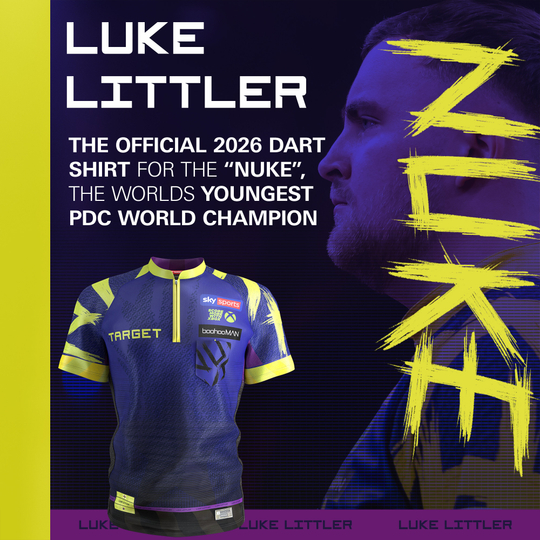 Abgebildet ist das Target Luke Littler Dartshirt 2026 aus einer anderen Perspektive. Das Shirt ist speziell für Fans und Spieler geeignet.