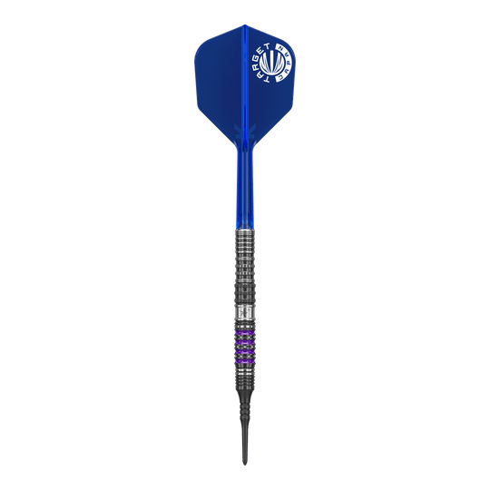 Dardos blandos Target Japan Prime Series Sirius GEN4 - 21,5 g Auf dem Bild ist ein Softdart aus der Serie "Target Japan Prime Series Sirius GEN4" mit einem Gewicht von 21,5g zu sehen. Der Dart hat eine blaue Flight und einen schwarz-silbernen Schaft mit lila Akzenten.