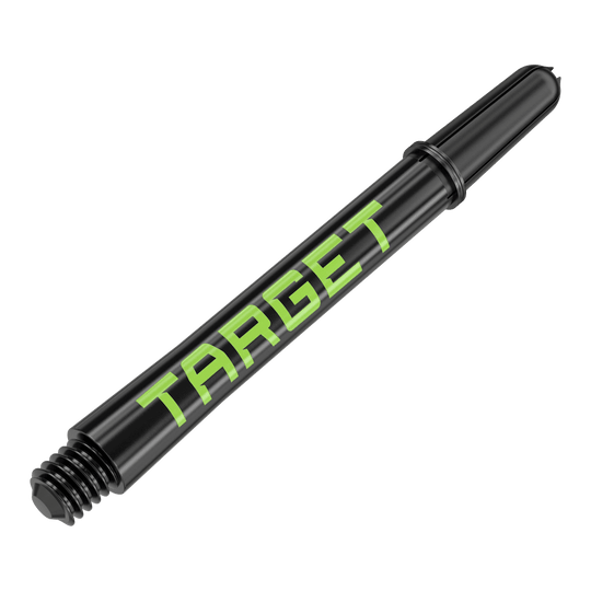 Dies ist ein schwarzer Dart-Schaft mit grünem Schriftzug „TARGET“. Der Schaft hat ein Gewinde an einem Ende und ist 48 mm lang.
