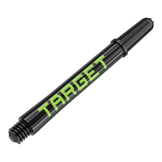 Wałki Target Pro Grip TAG – 3 zestawy – czarno-zielone Zwei Dart-Schäfte in harmonischer Anordnung werden präsentiert. Die Linie und das Profil der Produkte sind markant.
