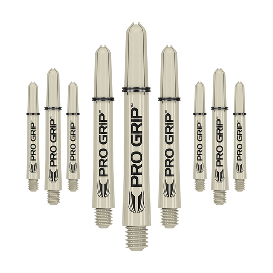Auf dem Bild sind neun beige Dartschäfte mit der Aufschrift "PRO GRIP" zu sehen. Sie sind in einer Reihe angeordnet und haben ein Schraubgewinde am unteren Ende.