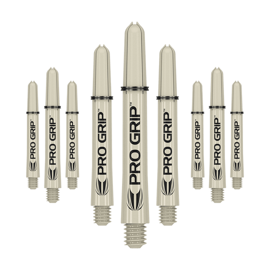Target Pro Grip Shafts - 3 Sets - Sand Auf dem Bild sind neun beige Dartschäfte mit der Aufschrift "PRO GRIP" zu sehen. Sie sind in einer Reihe angeordnet und haben ein Schraubgewinde am unteren Ende.