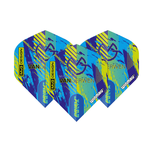 Winmau Delta Michael Van Gerwen Prism 04 Standardní lety Das Bild zeigt die Winmau Delta Michael Van Gerwen Prism 04 Standard Flights. Sie haben ein farbenfrohes Design in Blau, Gelb und Schwarz mit dem Namen und Logo von Michael Van Gerwen.