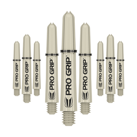 Target Pro Grip Shafts - 3 sady - Sand Das Bild zeigt neun beige Dartschäfte mit der Aufschrift „PRO GRIP“. Sie sind in drei Reihen angeordnet, wobei die mittlere Reihe größer erscheint.