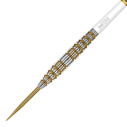 Dardos de acero Torpedo Red Dragon Paradym Gold Das Foto zeigt die Red Dragon Paradym Gold Torpedo Steeldarts aus einer anderen Perspektive. Die Darts zeichnen sich durch ein elegantes, goldenes Design aus.