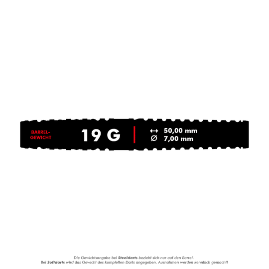 Target Japan Paul Lim The Legend GEN8 Fléchettes souples - 19 g Das Bild zeigt die Spezifikationen eines Darts mit einem Gewicht von 19 Gramm. Die Länge beträgt 50,00 mm und der Durchmesser 7,00 mm.