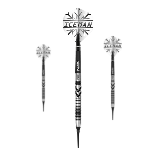 Red Dragon Gerwyn Price Thunderbolt měkké šipky - 20g Das Bild zeigt drei Softdarts des Modells "Red Dragon Gerwyn Price Thunderbolt - 20g". Auf den Flights steht "ICEMAN" und die Darts haben ein schwarz-silbernes Design.