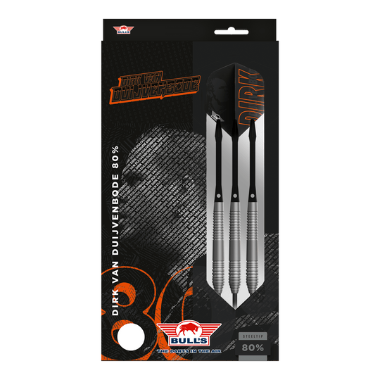 Bulls NL Dirk Van Duijvenbode 80 dardos de acero Auf dem Bild ist eine Verpackung der "Bulls NL Dirk Van Duijvenbode 80 Steeldarts" zu sehen. Die Packung zeigt drei silberne Steeldarts und enthält den Namen des Spielers sowie das Bulls-Logo.