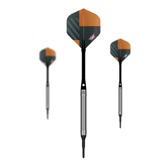 Šipky Bulls NL Volt Orange Soft - 18g Zu sehen ist ein Set Bulls NL Volt Orange Softdarts - 18g. Mehrere Pfeile werden gemeinsam präsentiert.