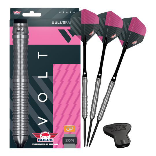 Šipky Bulls NL Volt Pink Convertible Point Steel Darts Das Produkt zeigt Bulls NL Volt Pink Convertible Point Steeldarts. Eine Komplettansicht des Sets ist zu erkennen.