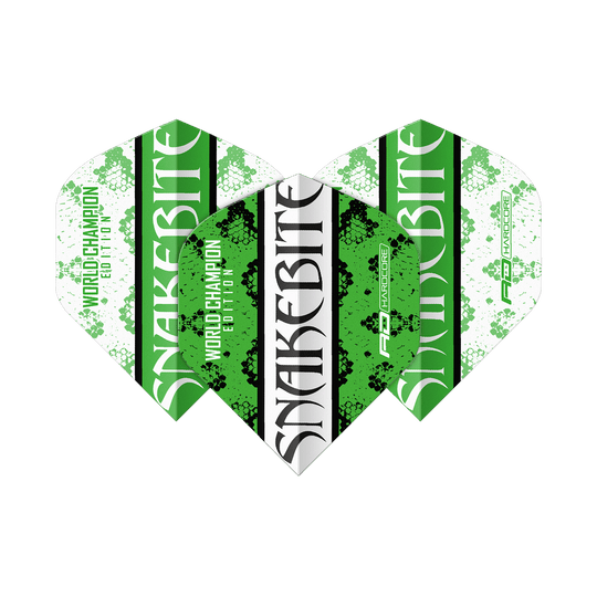 Červený drak Peter Wright Uštknutí hadem Zelená Bílá Jin Jang Standardní lety Das Bild zeigt drei Dart-Flights in den Farben Grün, Weiß und Schwarz mit der Aufschrift "Snakebite". Auf den Flights steht außerdem "World Champion Edition" und das Red Dragon Logo.