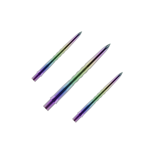 Puntas de dardos Mission Caliburn EVO - Ranuradas - Coral Auf dem Bild sind drei bunte, gerillte Dartspitzen zu sehen. Sie haben eine glänzende Oberfläche mit violetten, grünen und blauen Farbverläufen.