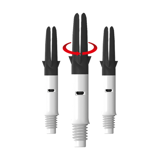 Wałek L-L-Style-Shaft Carbon Silent Straight - biały Das Bild zeigt drei weiße und schwarze Dartshafts nebeneinander. Über dem mittleren Shaft ist ein roter Pfeil, der eine Drehbewegung anzeigt.