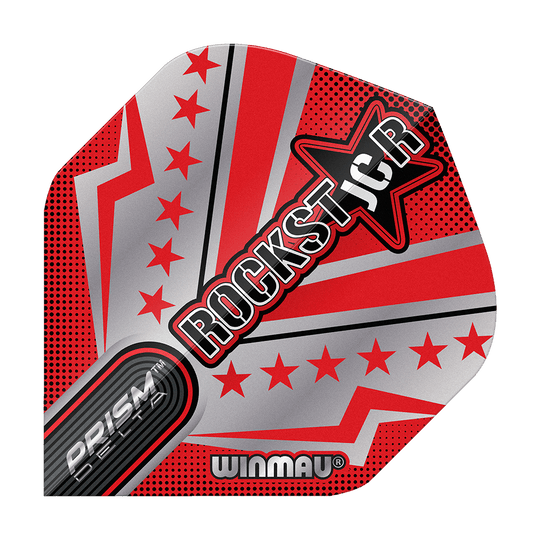 Letky Winmau Prism Delta Joe Cullen Rockstar Series No2 Standard Das Bild zeigt ein Dartflight mit auffälligem roten und silbernen Design und mehreren Sternen. In der Mitte steht groß das Wort „ROCKSTAR“ neben einem Stern, darunter befinden sich die Markenaufschriften „PRISM DELTA“ und „WINMAU“.