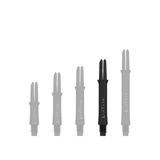 L-Style Carbon Shafts 260 Auf dem Bild sind fünf schwarze Dartschäfte in unterschiedlicher Länge zu sehen. Sie sind senkrecht nebeneinander angeordnet und tragen die Aufschrift "L-style".