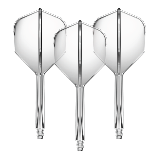 Auf dem Bild sind drei transparente Dartflights mit integriertem Schaft zu sehen. Sie sind nebeneinander angeordnet und haben eine klare, mittelgroße Form.