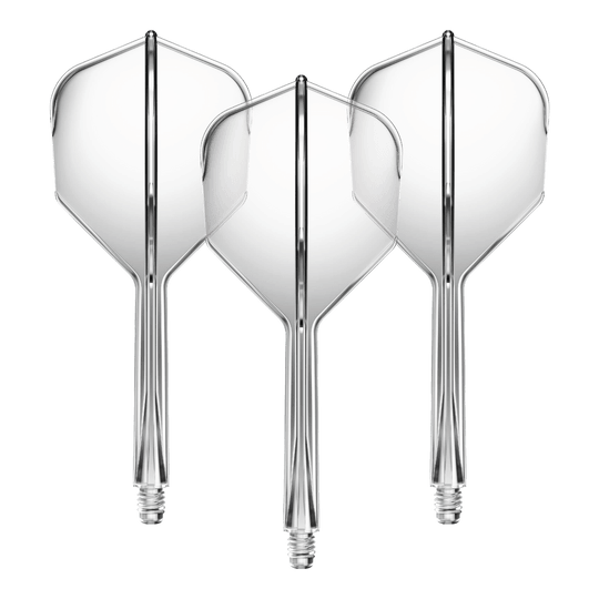 Système d'arbre de vol GOAT A1R n° 6 - Transparent Auf dem Bild sind drei transparente Dartflights mit integriertem Schaft zu sehen. Sie sind nebeneinander angeordnet und haben eine klare, mittelgroße Form.