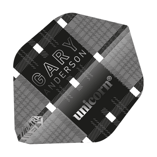 UN25_69030_Unicorn_UltraFly75_Gary_Anderson_World_Champion_Ghost_AR1_Flights_1 Dies ist ein Dart-Flügel mit einem Schwarz-Grau-Karo-Muster und weißen Akzenten. Auf dem Flügel stehen die Namen "Gary Anderson" und "unicorn".
