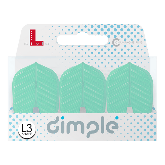 L-Style Flights Dimple Champagne L3PRO Shape Auf dem Bild ist eine Verpackung mit drei mintgrünen Darts-Flights der Marke "L-Style" zu sehen. Das Modell heißt "Dimple Champagne L3PRO Shape" und ist vorne mit blauen Punkten verziert.