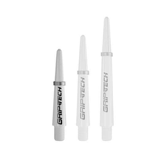 Alberi GOAT Griptech - Bianco Das Bild zeigt drei silberne Dartschäfte in verschiedenen Längen. Auf jedem Schaft steht das Wort "GRIPTECH".