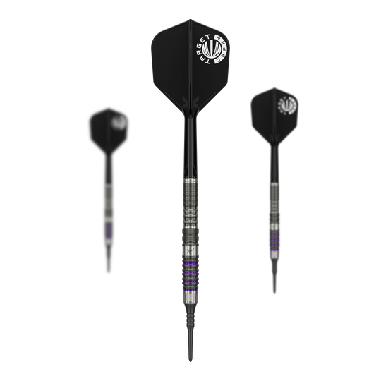 Dardos blandos Target Japan Prime Series Yuta Hayashi Sirius GEN3 MAX - 21,5 g Das Bild zeigt drei Softdarts aus der Serie "Target Japan Prime Series Yuta Hayashi Sirius GEN3 MAX" mit einem Gewicht von 21,5g. Die Darts haben schwarze Flights mit weißem Aufdruck und einen silbernen, detailliert gearbeiteten Barrel.