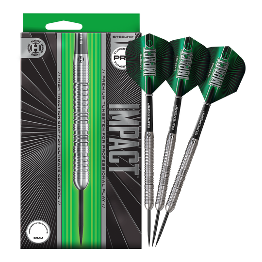 Fléchettes en acier Harrows Impact Das Foto zeigt die vollständigen Harrows Impact Steeldarts. Die Darts sind fertig zusammengestellt für den Gebrauch.