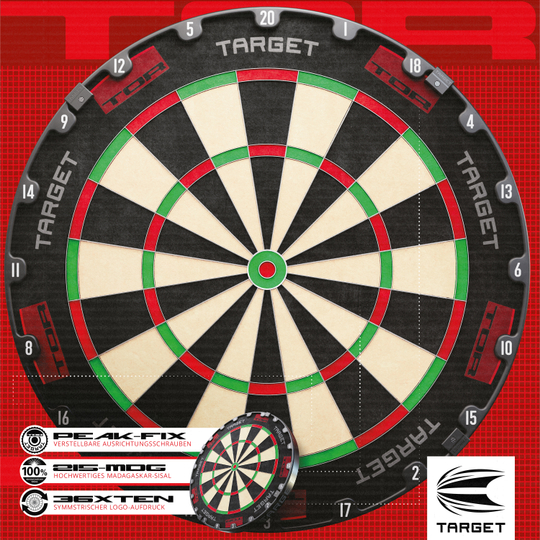 Ocelový terč Target TOR Target TOR Steeldartboard ist als klassisches Dartboard zu sehen. Die Zahlen und Segmente sind klar sichtbar.