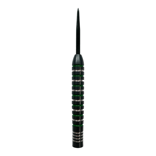 McDart stříbrnozelené ocelové sudy Das Bild zeigt ein McDart Silver Green Steeldart Barrel. Der Dartpfeil hat silberne Ringe mit grünen Akzenten entlang des Griffbereichs.
