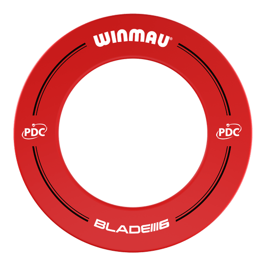 Marco para diana Winmau PDC - Rojo Das Bild zeigt einen roten Dartboard-Surround der Marke Winmau mit der Aufschrift "BLADE 6". Auf dem Ring sind außerdem PDC-Logos und schwarze Designelemente zu sehen.