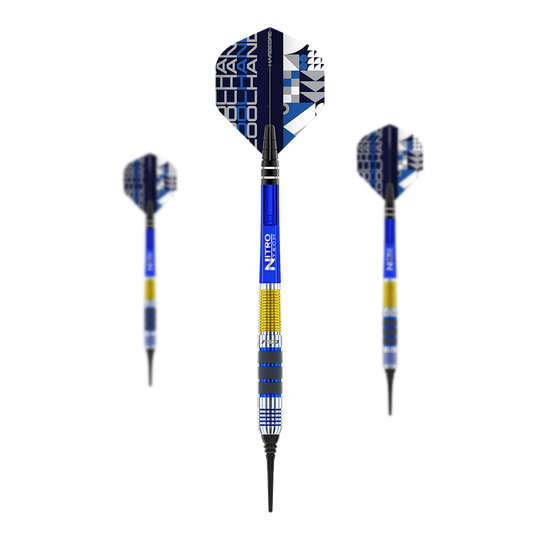 Red Dragon Luke Humphries Softdarts - 20g Das Bild zeigt drei Softdarts des Modells "Red Dragon Luke Humphries Softdarts - 20g". Die Darts sind überwiegend blau, gelb und silbern gestaltet und besitzen bunte Flights mit geometrischem Muster.