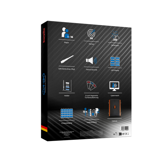 Elektronický terč CB 90 turnajová verze Die Abbildung zeigt die Rückseite der Verpackung der elektronischen Dartscheibe CB 90 Turnierausführung mit Symbolen zu den wichtigsten Funktionen. Es werden verschiedene Merkmale wie Spieleranzahl, Spielmodi, LED-Display und Zubehör dargestellt.