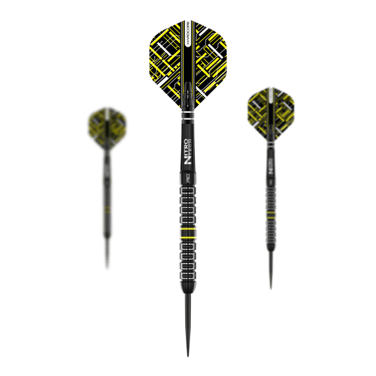 Dardos de acero paralelos Red Dragon Astraeus Q4X Das Bild zeigt die Red Dragon Astraeus Q4X Parallel Steeldarts. Die Darts haben ein schwarzes Design mit gelben und weißen Akzenten auf den Flights.