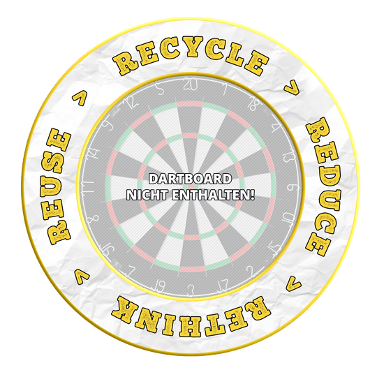 McDart Recycle Reduce Rethink Reuse Dartboard Surround Das Bild zeigt das Produkt mit dem Dateinamen MSF-C7_McDart_Recyle_Reuse_Reduce_Rethink_Surround_Gelb_3. Es handelt sich um einen gelben Dartboard-Surround mit Umweltslogan.