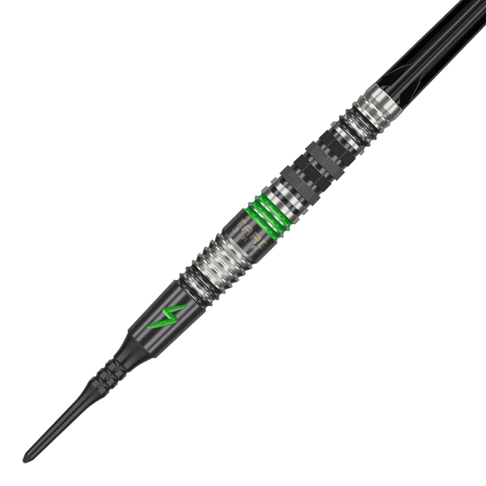 Das Bild zeigt einen Softdart namens "Target Japan Black Marque Lightning 3" mit einem Gewicht von 19g. Der Dart ist schwarz-silber mit grünen Akzenten und einem Blitzsymbol verziert.