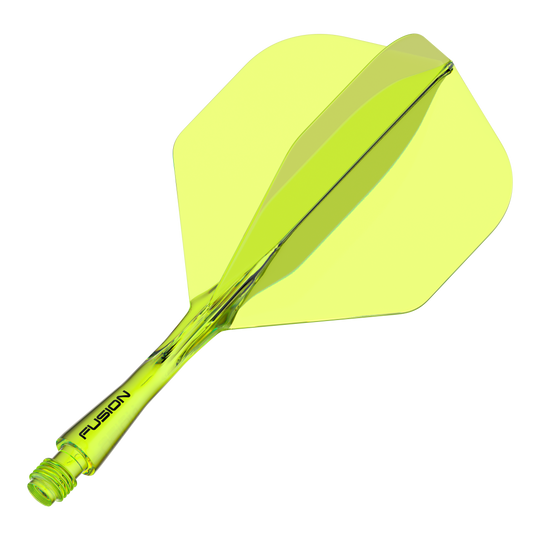 Sistema di alberi di volo Winmau Fusion standard giallo Dies ist ein gelber Dartshaft mit integriertem Flight-System. Auf dem Schaft steht das Wort "FUSION" geschrieben.