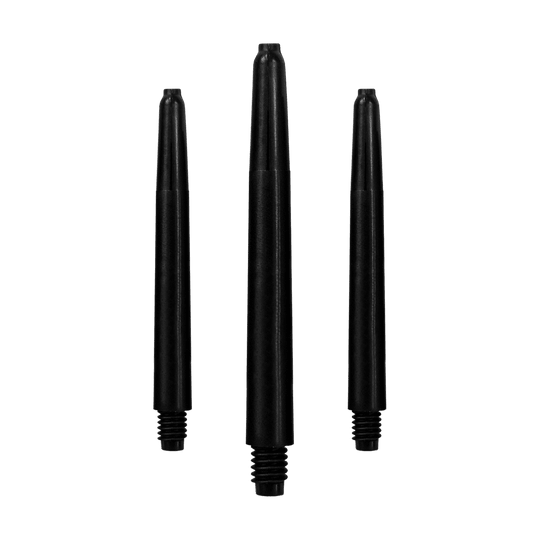 568_Nylon_Shafts_Schwarz_48mm_1 Das Bild zeigt drei schwarze Nylon-Schäfte für Dartpfeile. Sie sind in einer Reihe aufrecht angeordnet.
