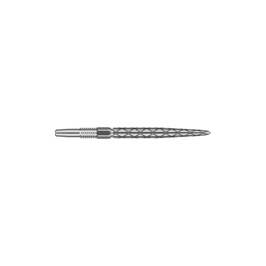 Puntas de dardos Target Swiss Diamond Pro Silver Points Das Bild zeigt eine silberne Dartspitze mit einem rautenförmigen Muster. Sie ist lang und schmal gestaltet und eignet sich für Präzisionswürfe beim Dartspiel.