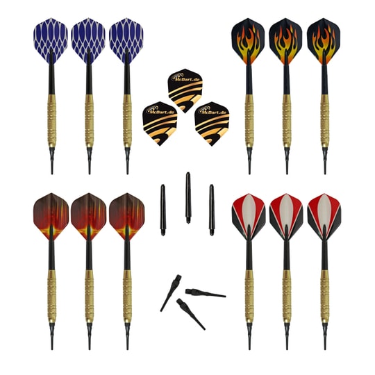 SDB1219 Das Bild zeigt das Produkt "McDart Golden Star Softdarts - 12 Darts / 16 Gramm" mit verschiedenen Dartpfeilen und Ersatzteilen. Die Dartpfeile haben unterschiedliche Designs an den Flights und sind für Softdart-Spiele geeignet.