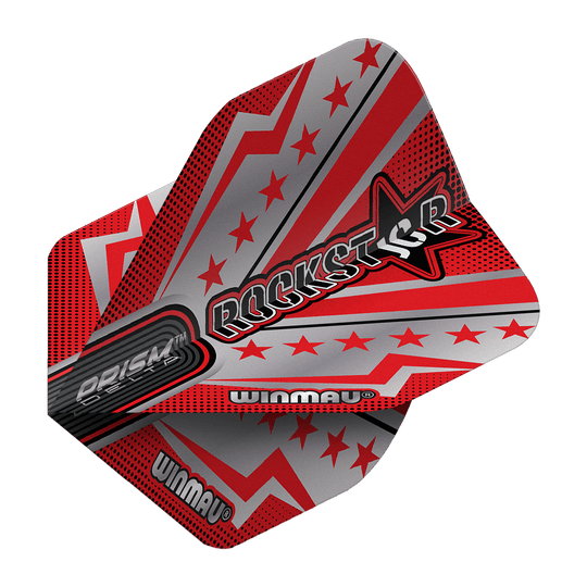 Letky Winmau Prism Delta Joe Cullen Rockstar Series No2 Standard Das Bild zeigt ein Dartflight aus der Winmau Prism Delta Joe Cullen Rockstar Series No2 Standard Flights. Das Design ist in Rot, Silber und Schwarz gehalten und zeigt Sterne sowie das Wort "Rockstar" in großer Schrift.