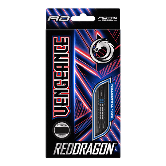Dardos de acero azul Red Dragon Vengeance Auf dem Bild ist die Verpackung der "Red Dragon Vengeance Blue Steeldarts" zu sehen. Die Schachtel ist schwarz mit blauen und roten Akzenten und zeigt einen Dartpfeil mit dem Hinweis auf 90% Tungsten.