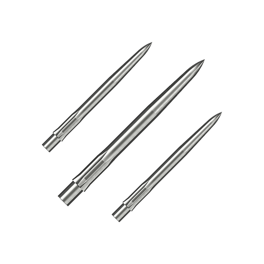 Puntas de dardos Caliburn System de acero - Lisas - Plateadas Das Bild zeigt drei silberne, glatte Steeldartspitzen. Sie liegen parallel nebeneinander auf weißem Hintergrund.