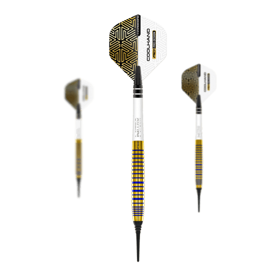 Šipky Red Dragon Luke Humphries TX3 Gold SE Softdarts - 20g Auf dem Bild sind drei Softdarts des Modells "Red Dragon Luke Humphries TX3 Gold SE" mit einem Gewicht von 20g zu sehen. Die Darts haben goldene und weiße Designelemente mit schwarzen Spitzen und auffälligen Flights.
