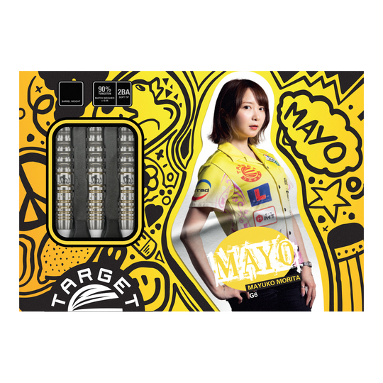 Dardos blandos Target Japan Prime Series Mayujo Morita GEN6 - 18 g Die Verpackung zeigt die "Target Japan Prime Series Mayuko Morita GEN6 Softdarts - 18g". Links sind die Darts zu sehen, rechts ist ein Bild von Mayuko Morita mit buntem Hintergrund.